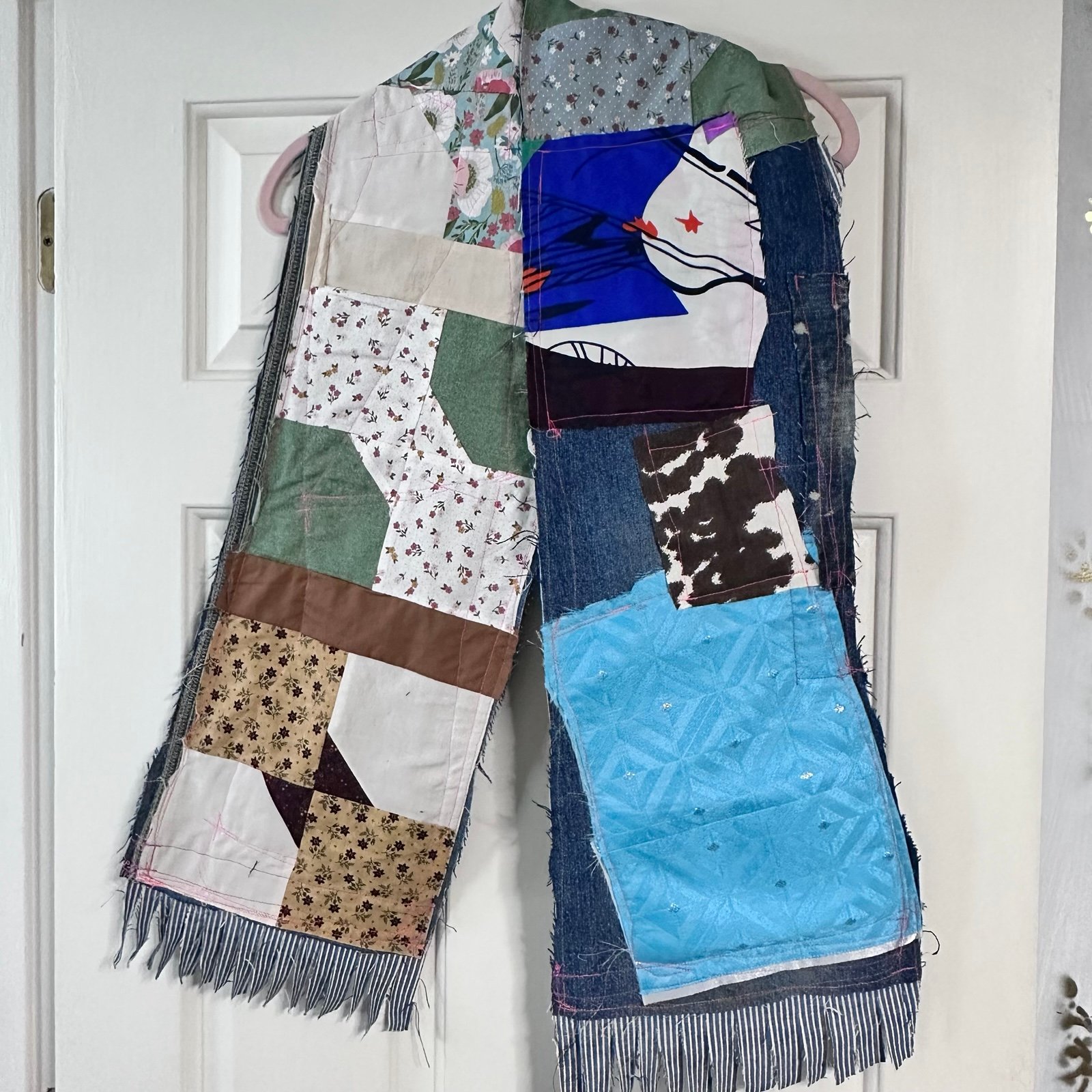 Handmade Scarf of Many Colors SCRAP FABRIC COLLAGE OOAK Denim Lace Reversible