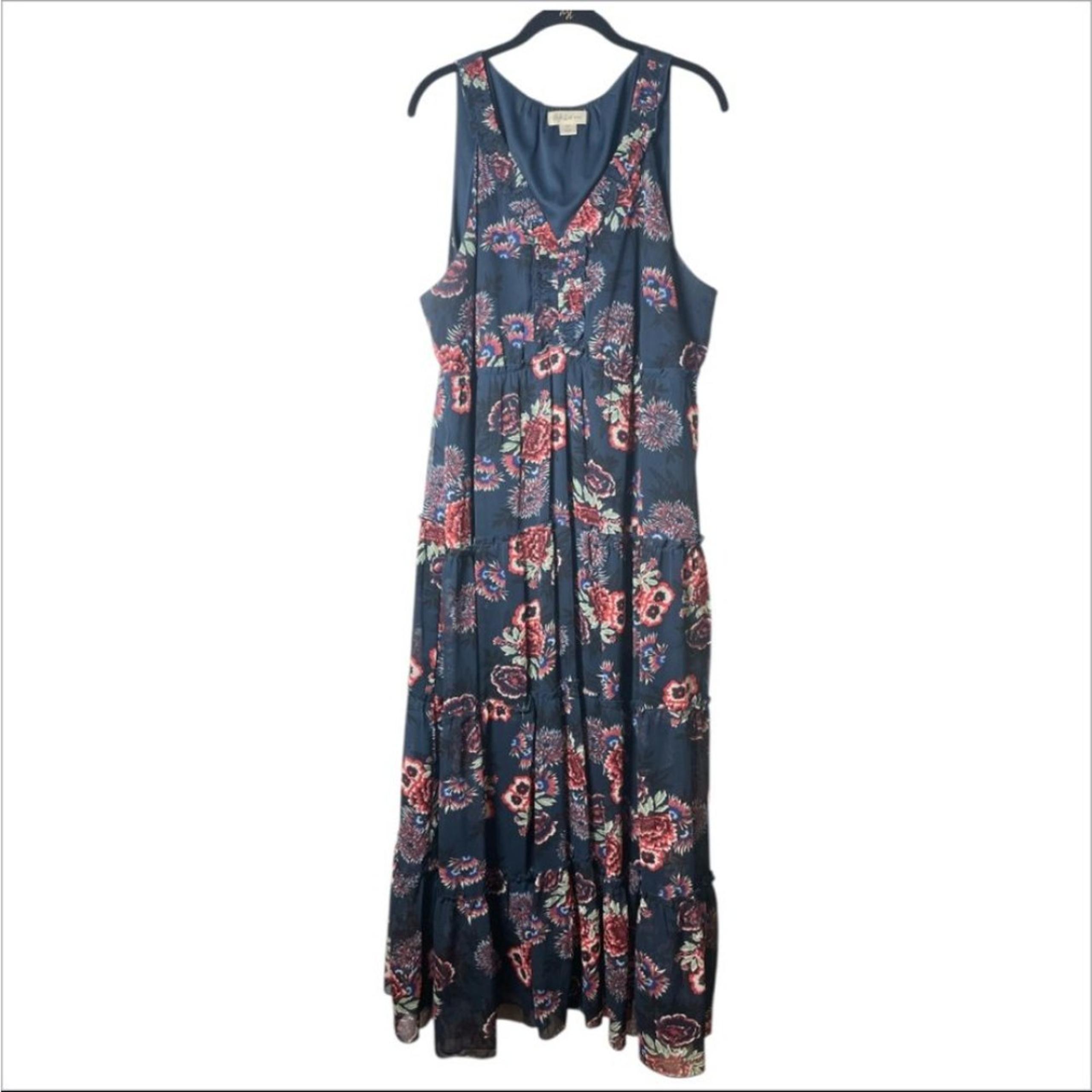 Style & Co. women’s Blue Pink floral v-neck Tiered Ruffled Maxi Dress size 2X