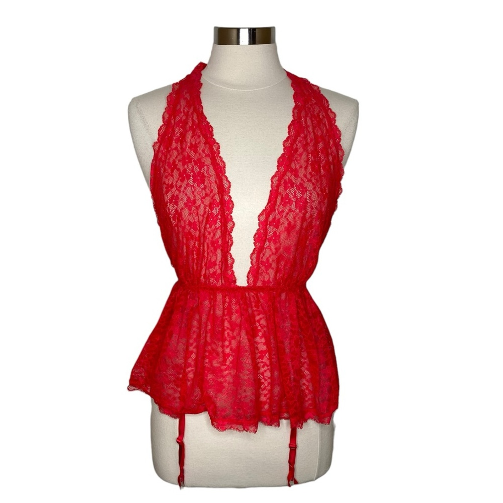 Victoria’s Secret Unlined Lace Plunge Babydoll Lingerie Garter Straps Size Small