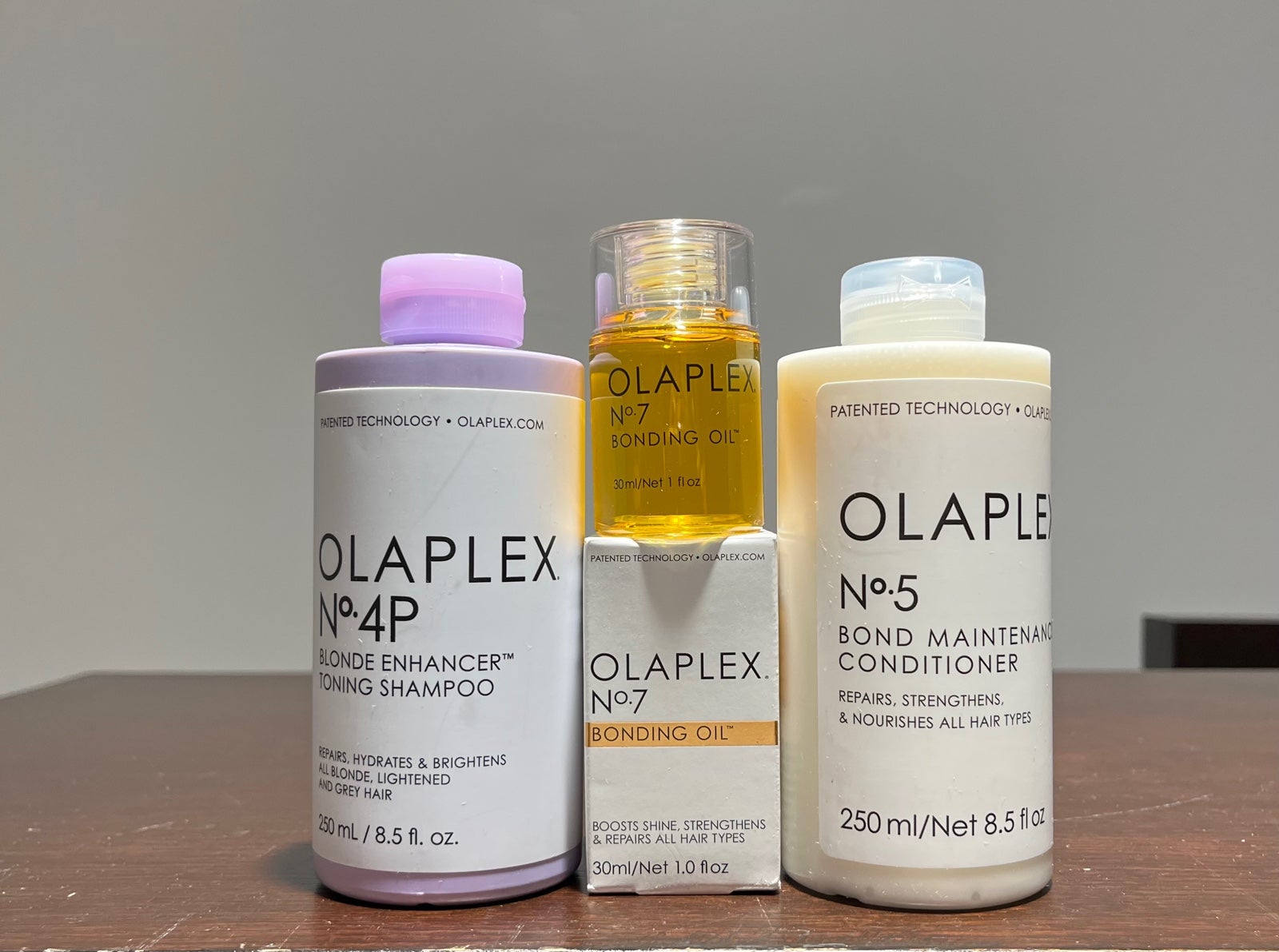 Olaplex No 4P Blonde Enhancer Toning Shampoo, No 5, Conditioner, No 7 Bonding Oi
