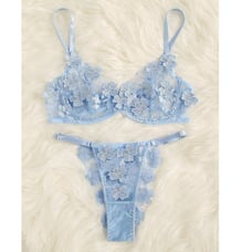 Baby Blue Applique Lace Underwire Thongs Lingerie Set Sexy Sets L1