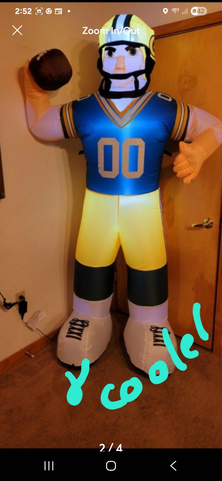 NEW, NFL, GREEEN BAY PACKER (7') PLAYER W/LED LIGHTS. INFLATABLE MASCOT W/STAKES