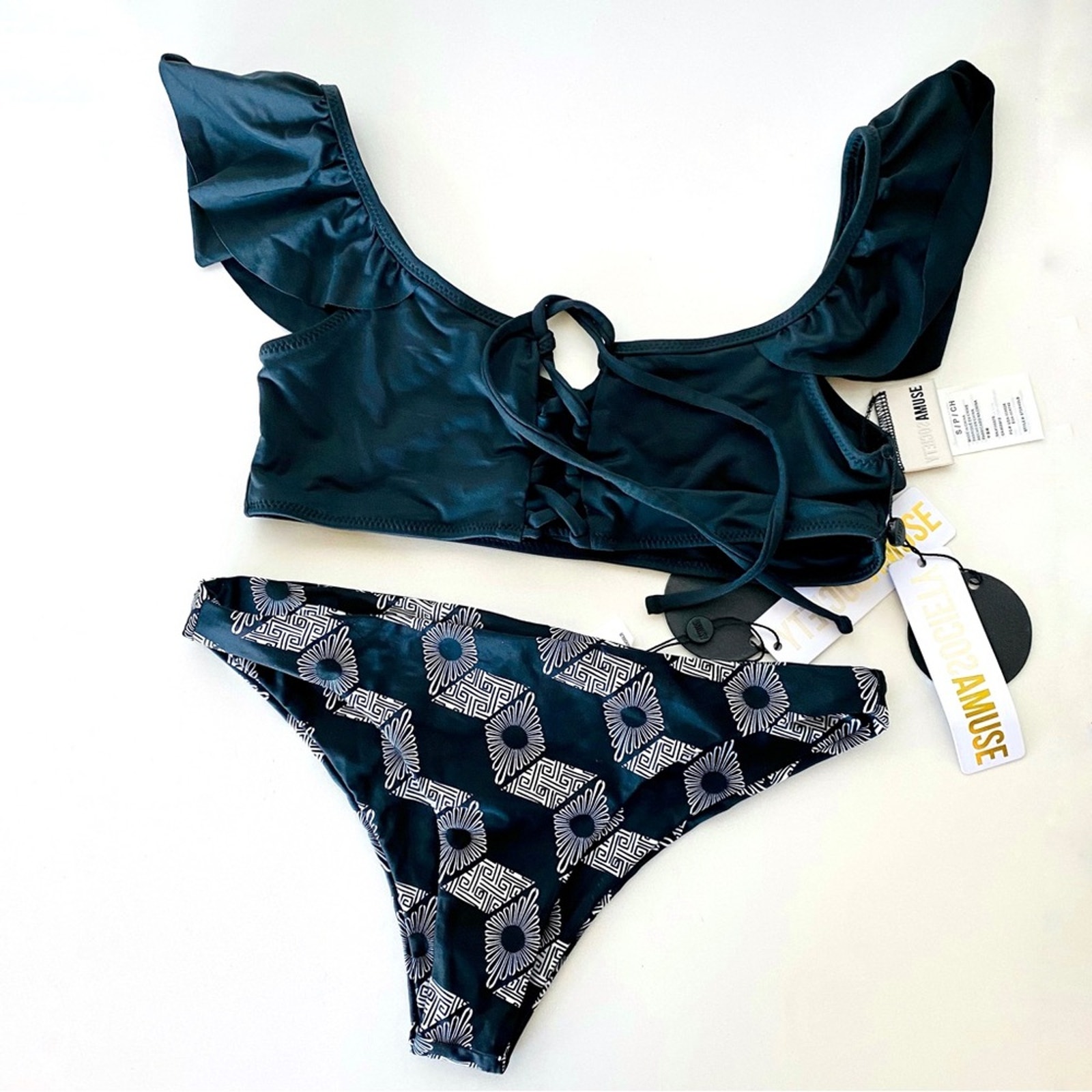 NEW ANTHROPOLOGIE AMUSE SOCIETY White Black Ruffle Tie Top Print Bikini Swim S