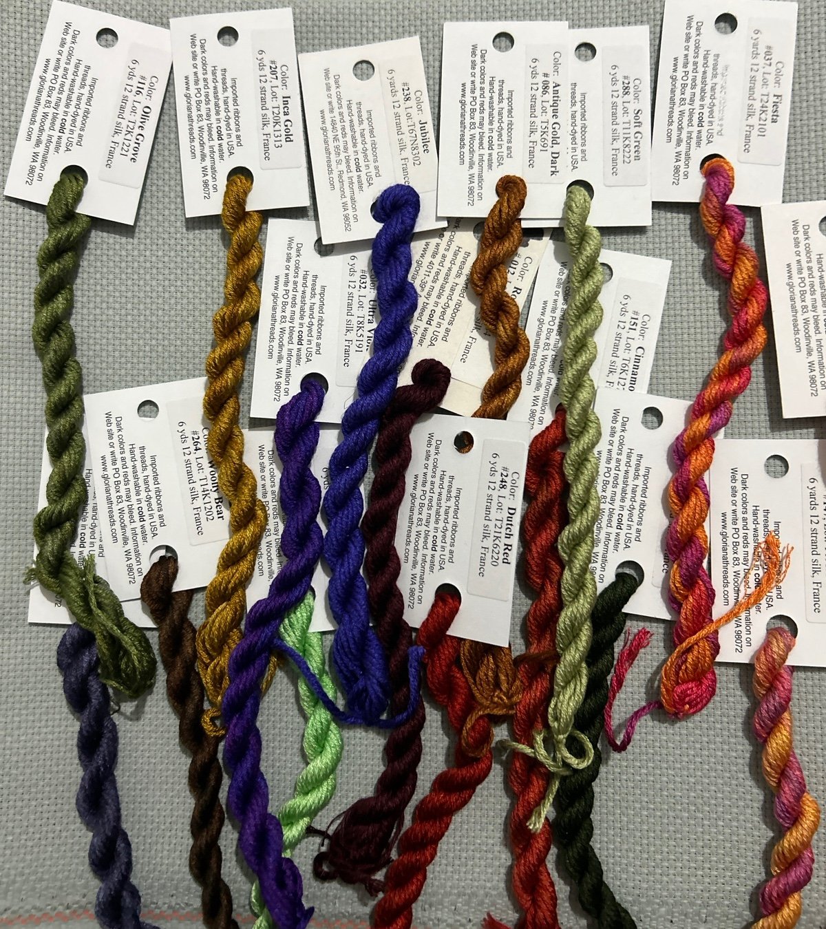 Gloriana 100% silk floss assortment, 6 yards, 12 strand silk for embroidery