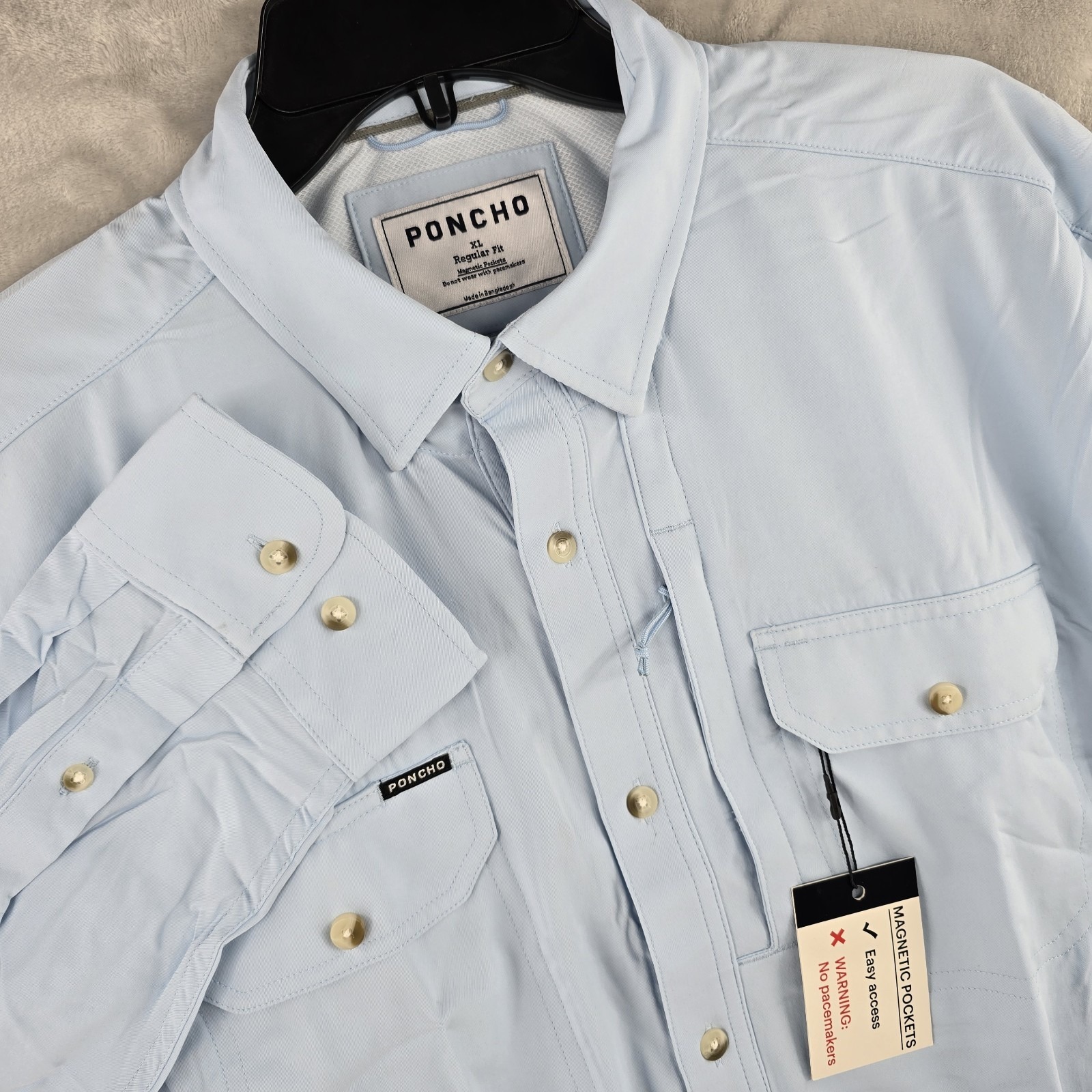 Poncho Fishing Shirt Mens XL Regular Button Up Blue Nylon Stretch Magnetic New