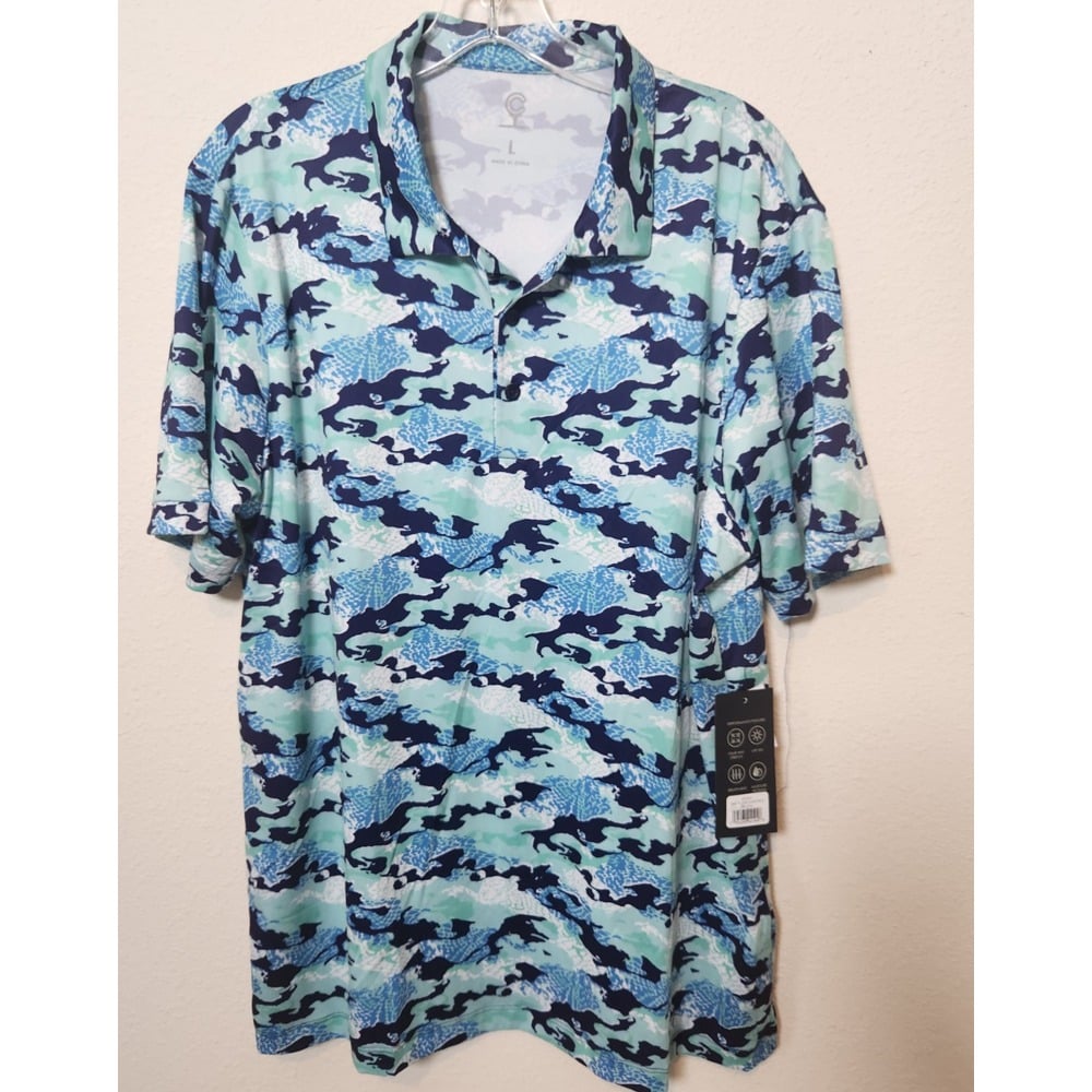 NWT Caddy Cart Men's Golf Polo Shirt Blue Digi Water Camo UPF 50 Stretch Large