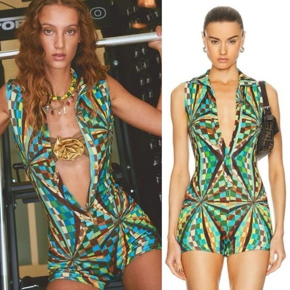 NWT SIEDRÉS Ginni - Kaleidoscope Printed Mini Knit Jumpsuit Green