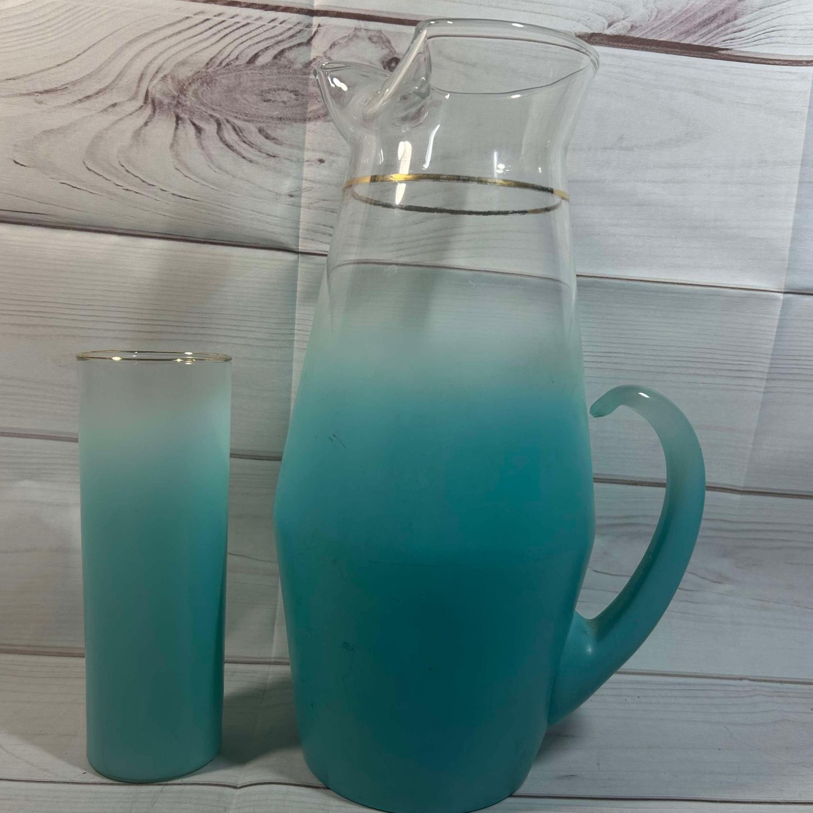 Ombre Glass Pitcher Set - Turquoise Gold Rim - Drinkware Carafe Barware