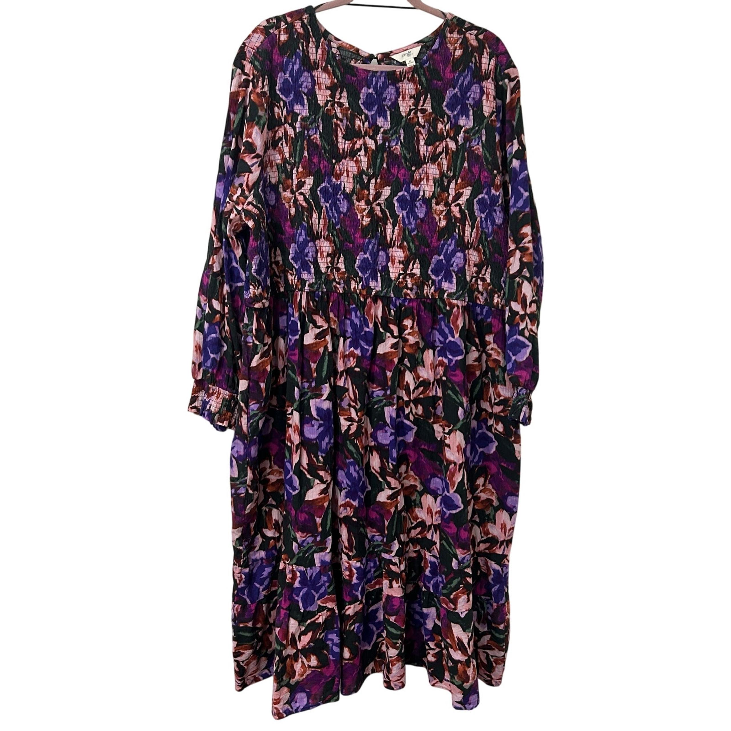 Terra & Sky Women 4X Purple Floral Smocked Long Sleeve Midi Dress Cottage Ruffle