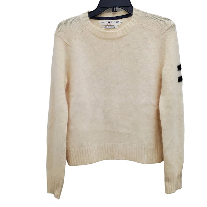 Tommy Hilfiger Women's Vintage Y2K Cream Lambswool Angora Preppy Flag Sweater M
