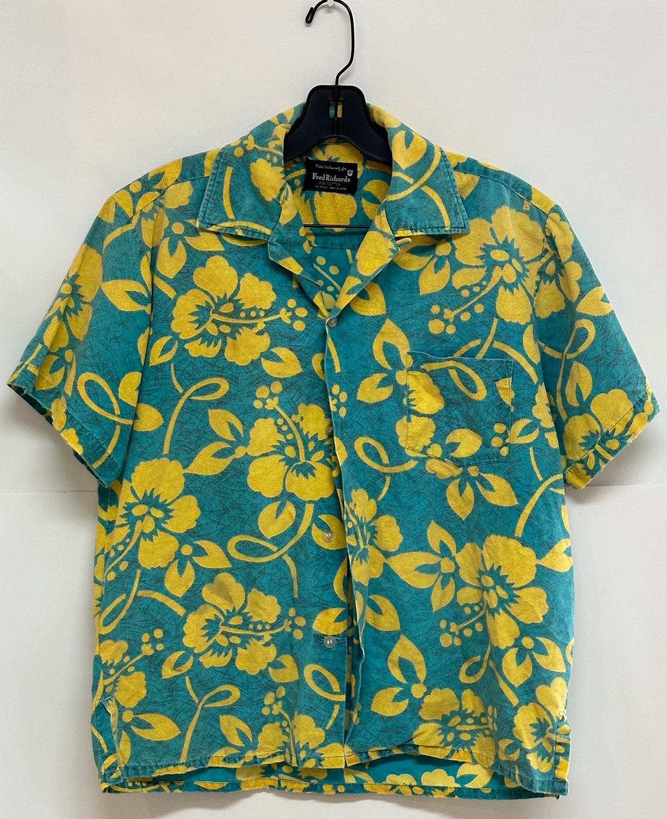 Vintage Fred Richards 1950s 60s Shirt Men’s L Green Yellow Floral Hawaiian Aloha