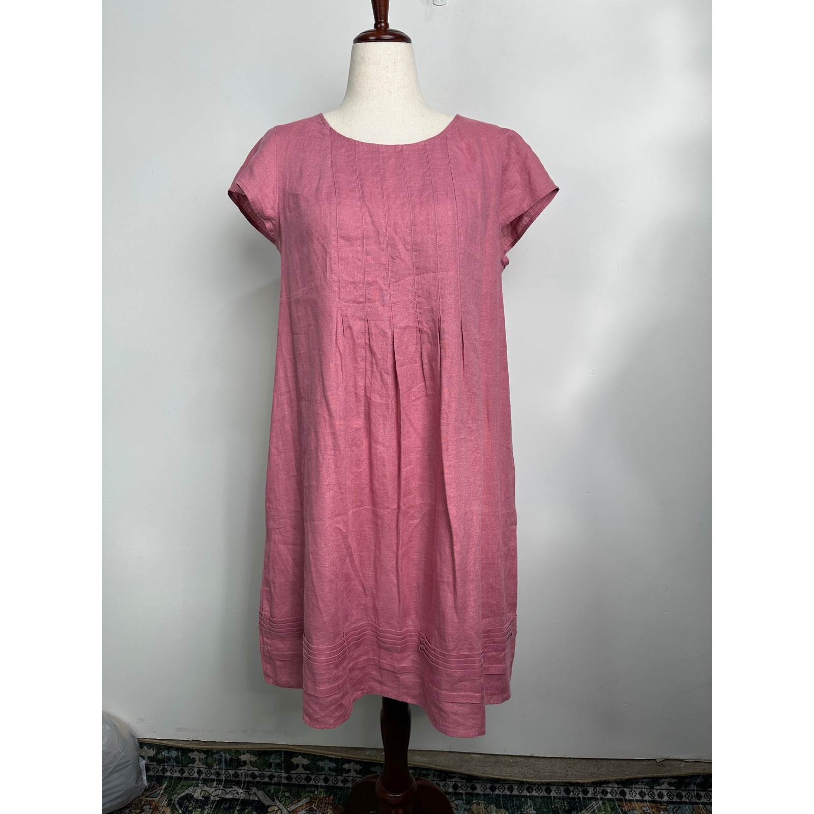 J. Jill Love Linen Dress Casual Pleated Pink Short Sleeve Size M