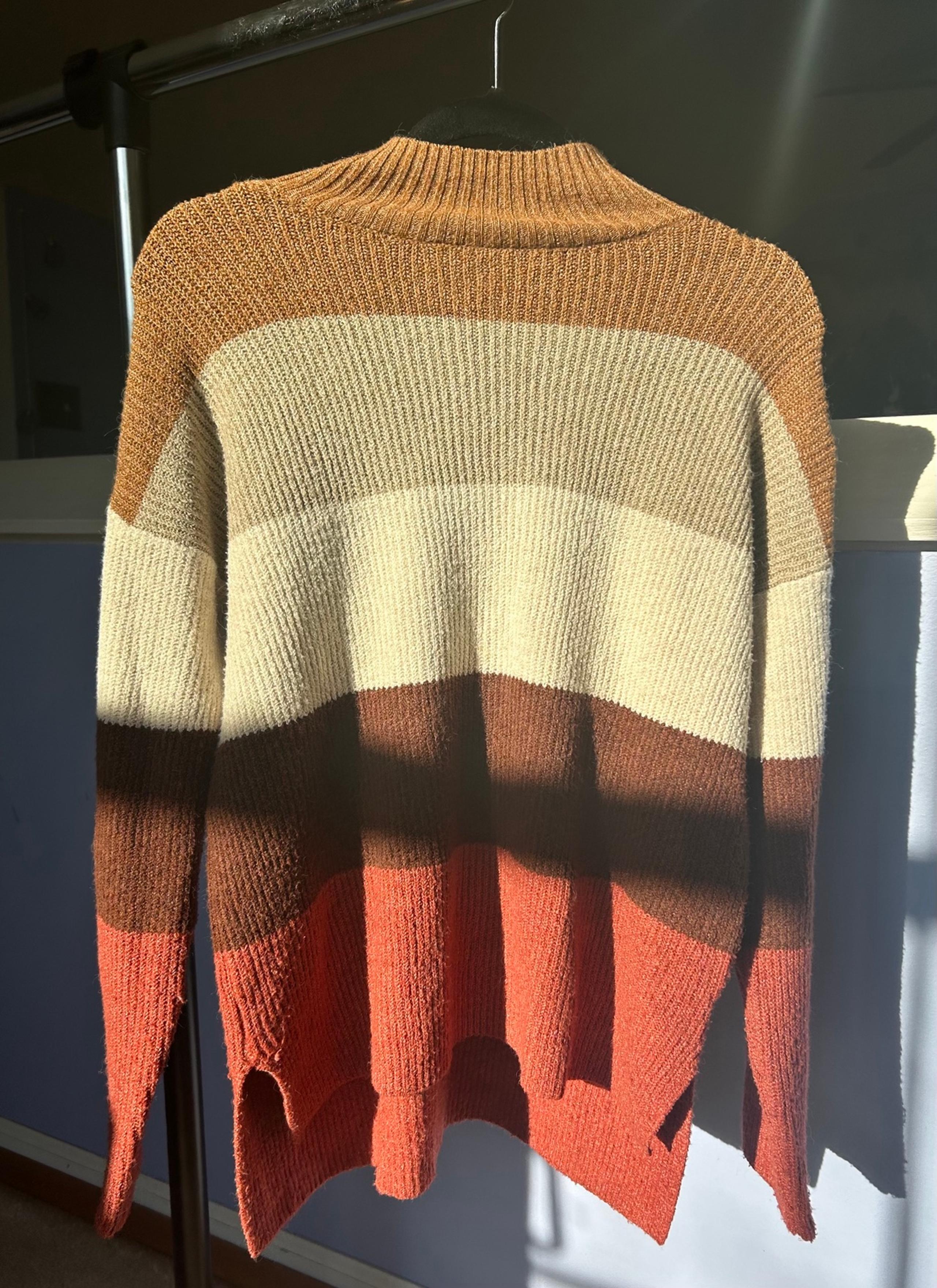 Olive & Oak Brown Beige & Orange Stripped Knit Mock Neck Sweater