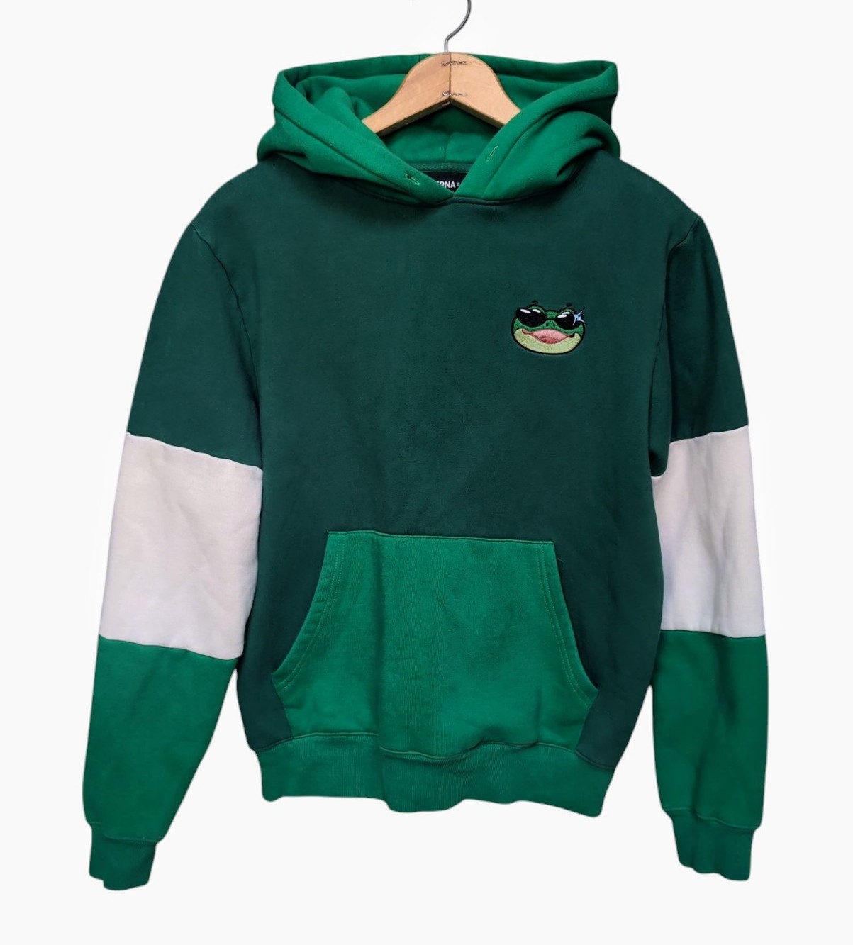 BoomerNA Embroidered Green White Color Block Froggie Hoodie Unisex Size MEDIUM