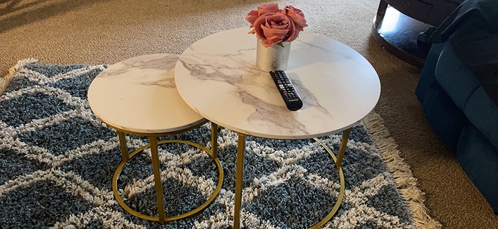 NEW Set of 2 Coffee Table Golden Frame Circular and Marble Pattern Wooden Tables