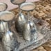 Vintage 1940's Made in Occupied Japan Metal Tray & Stem Goblet Set Ornate Dragon