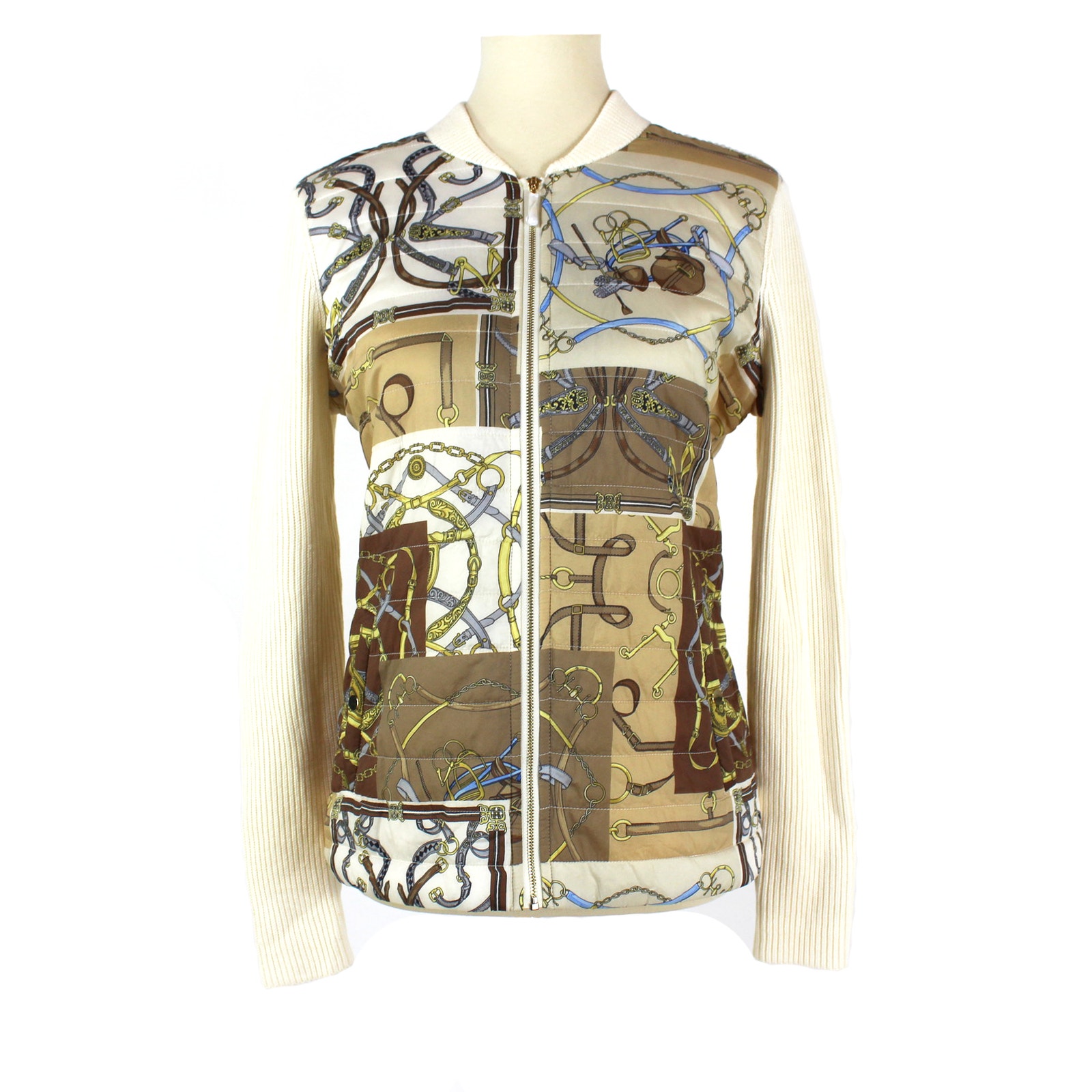 J. McLaughlin Andi Jacket NEW Equestrian Motif Tan Cream Quilted Front Sweater S