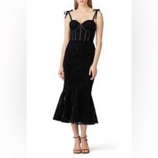 Monique Lhuillier Velvet Ruffle Hem Midi Dress Black Size 12