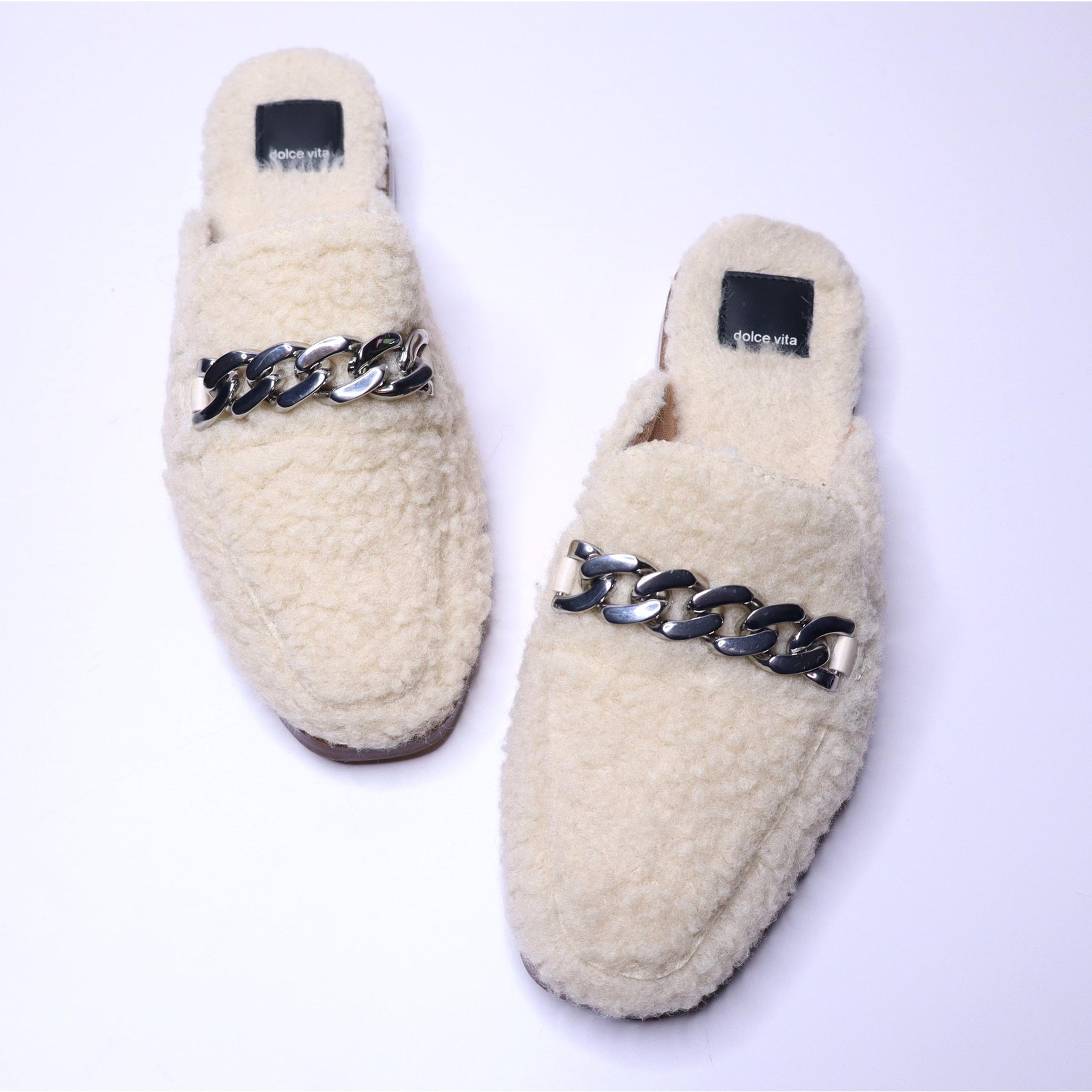 DOLCE VITA Pela Mule Flats Natural Sherpa Chain Slip-on Square Toe Women's 7