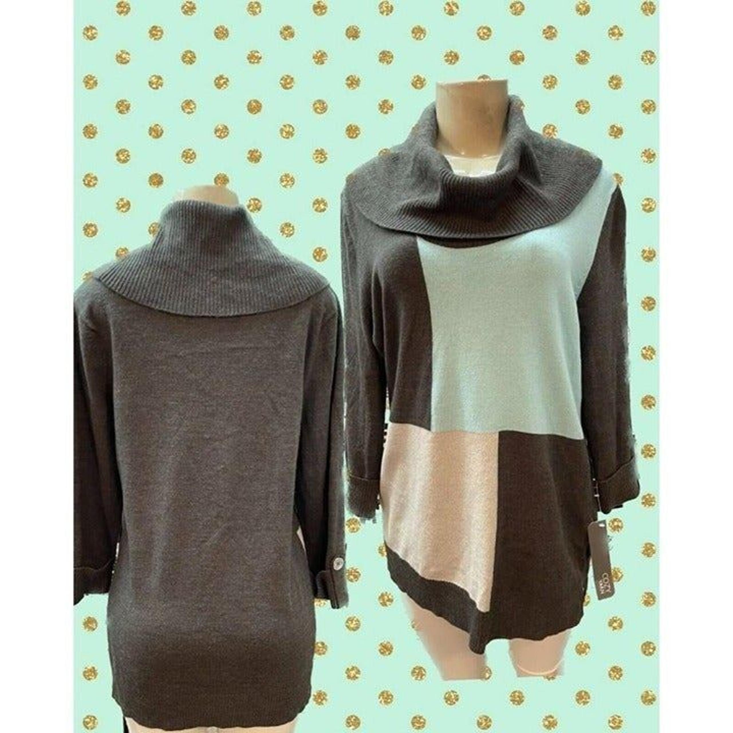 JM Collection M Gray-Teal-Vanilla Panel Cowl Neck Ribbed Trim 3/4 Sleeve Sweater