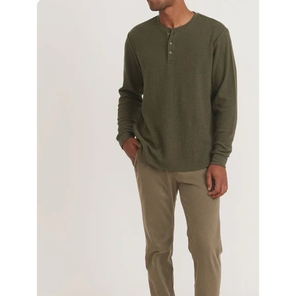 Men's Marine Layer LS Box Waffle Henley Forest Night Large NWT. Comfort Warm