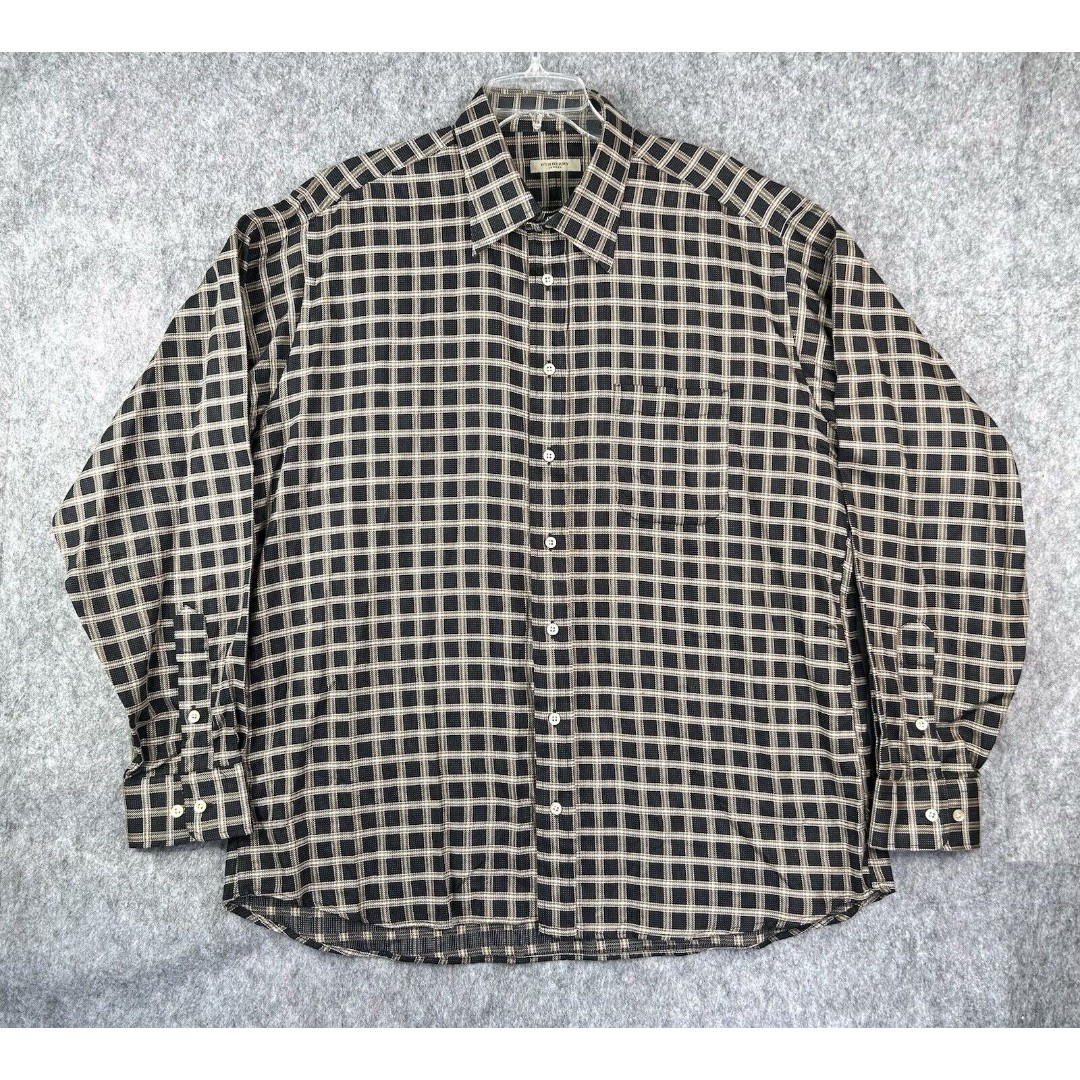 Burberry London Men's Button Shirt Black and Gold Plaid Long Sleeve XL USA