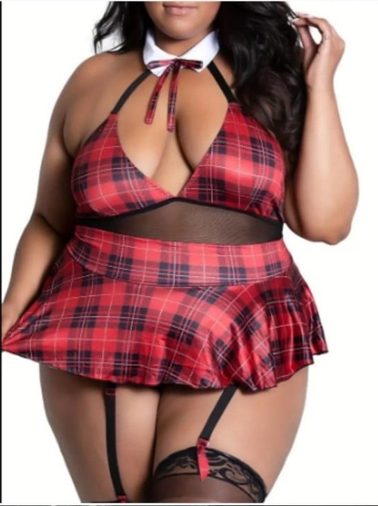 Plaid Contrast Mesh Gartered Bodysuit & Pleated Mini Skirt