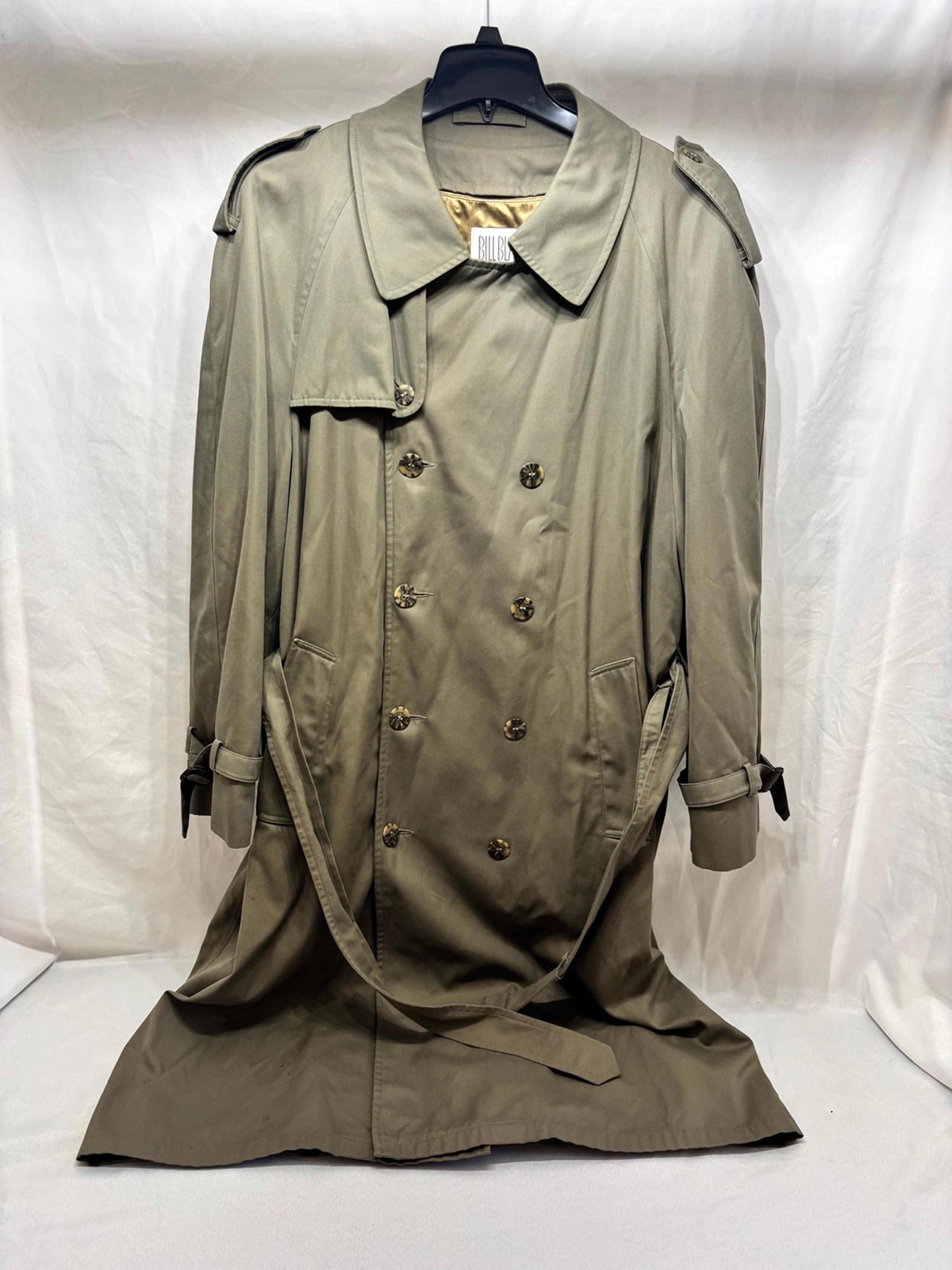 Vintage Bill Blass Khaki Men's Belted Trench Coat Sz 44 Reg Removable Wool Liner