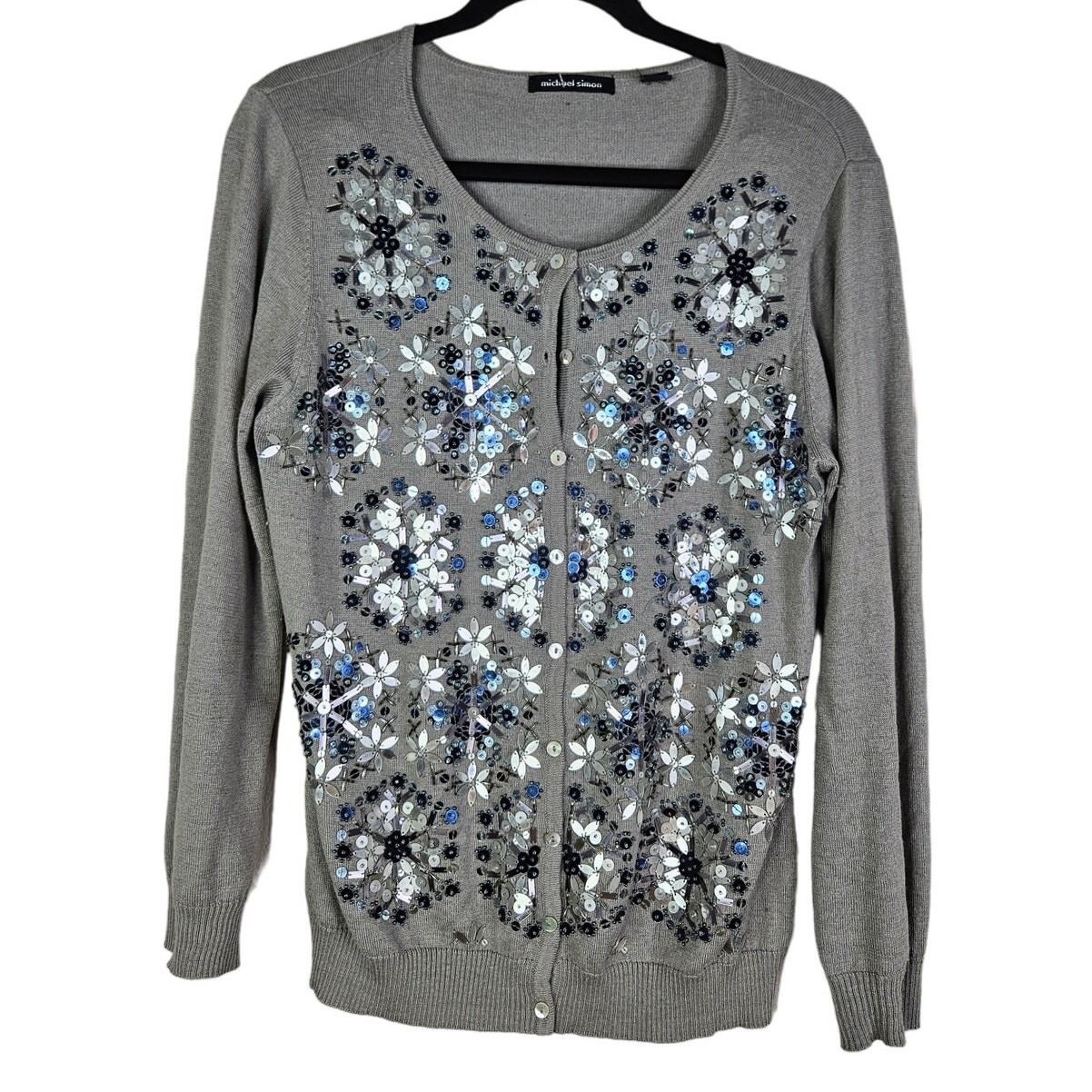 Michael Simon L Heather Gray Cardigan Sweater Snowflake Beaded Holiday Xmas