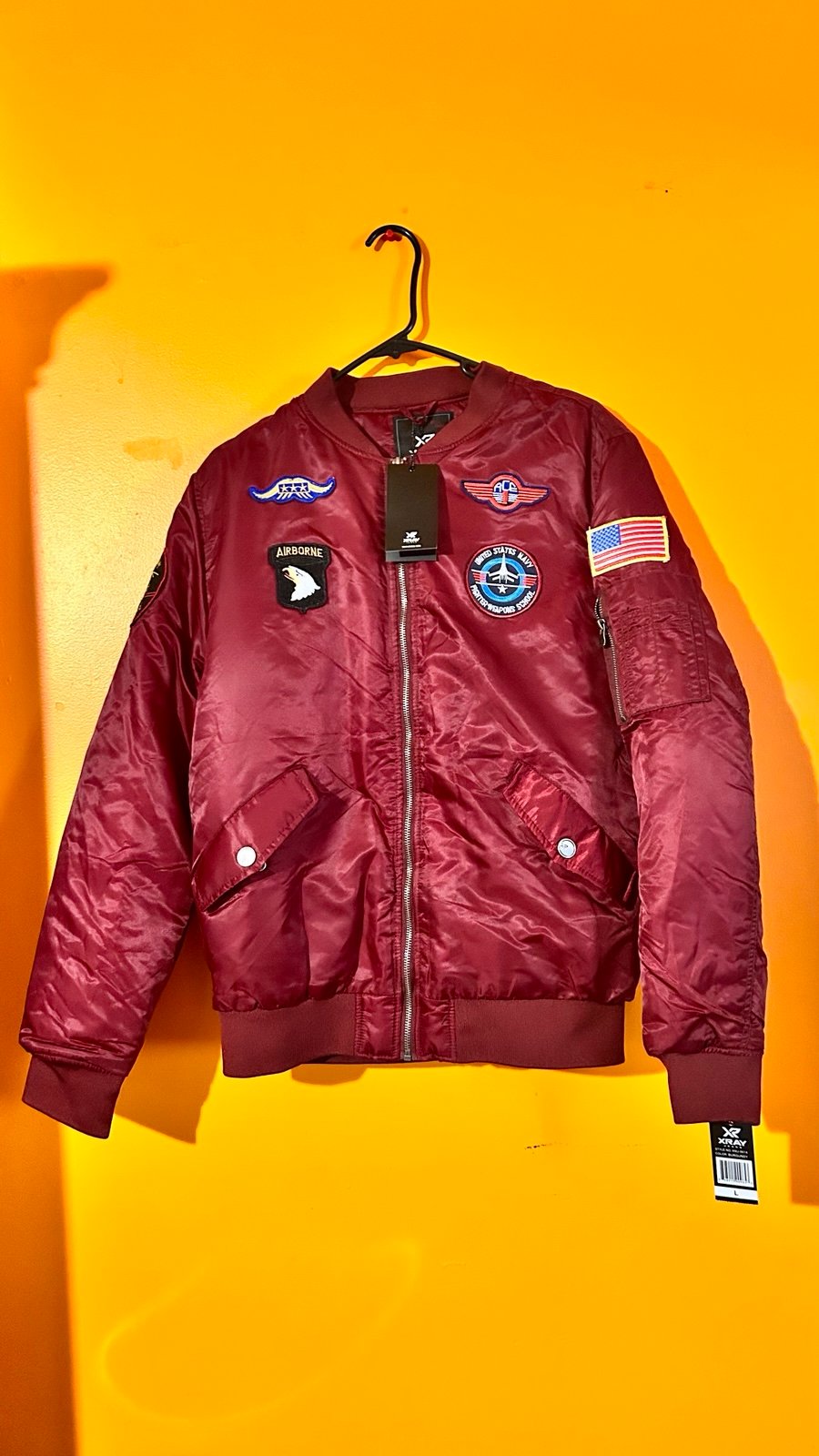 XRAY Men’s L Patched Flight Bomber Military Jacket Burgundy NWT New With Tags