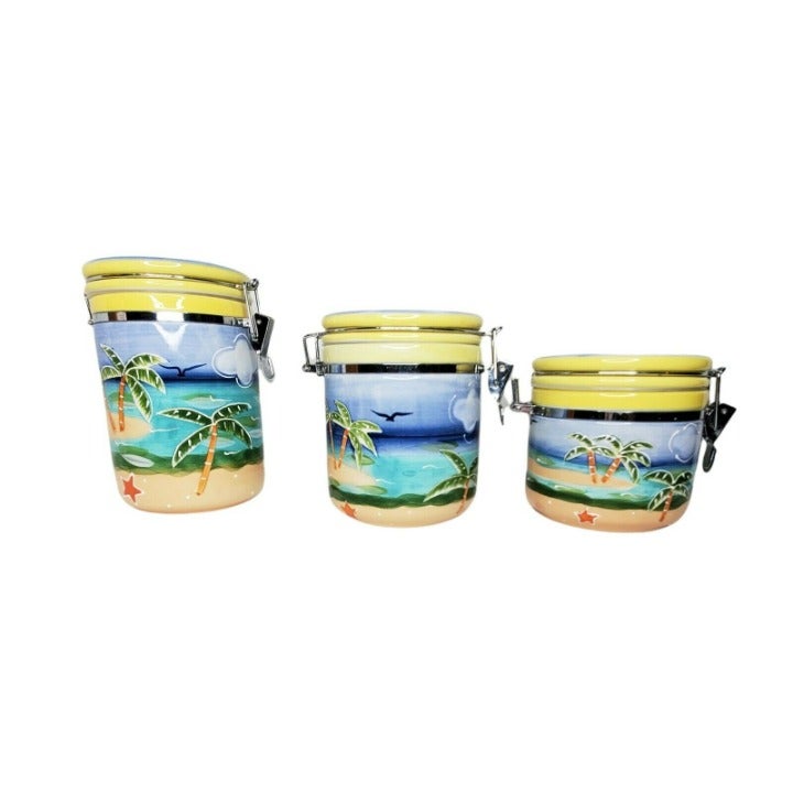 Set of 3 Baum Brothers Style Eyes Biscayne Bay Collection Ceramic Canister