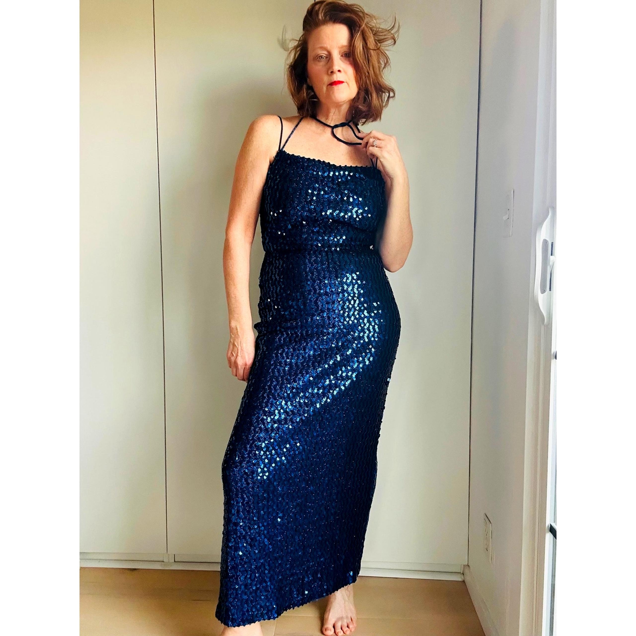 Vintage 80s Full Sequin Gown Size Medium Blue Full Length Fitted Party Made USA