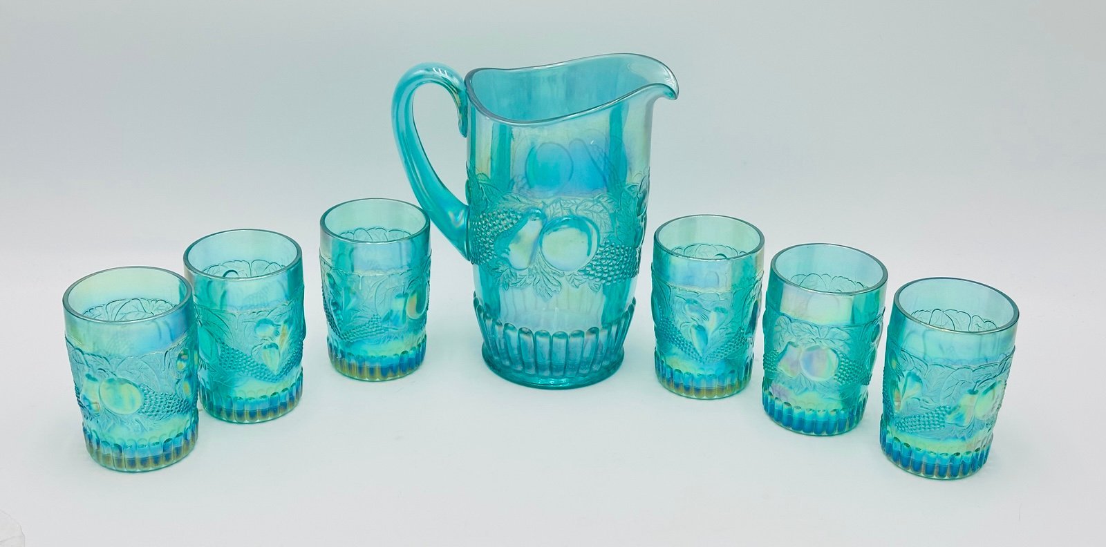 Westmoreland Glass Levay Fruit Della Robia Turquoise Pitcher Tumbler Set Fruit