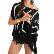 Anthropologie One Shoulder Crochet Poncho Black White Tassel Uneven Hem One size
