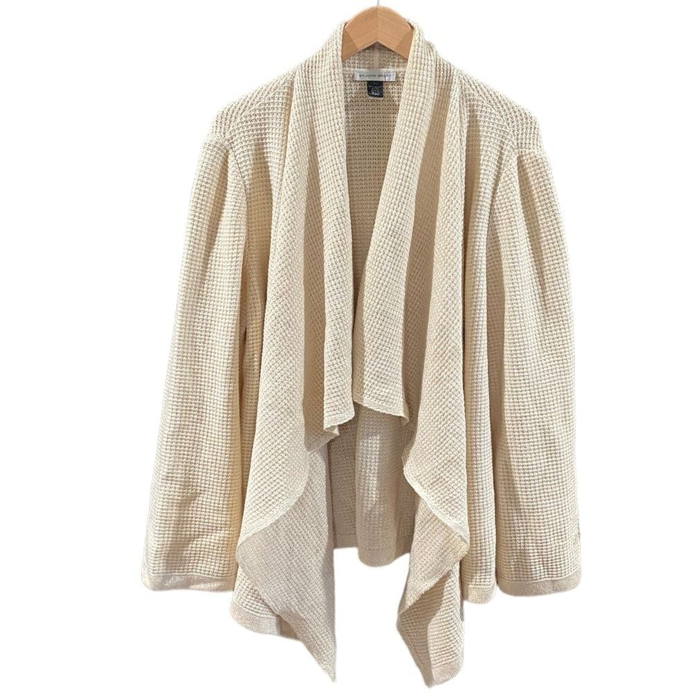 St. John Sport Wool Metallic Cream Drape Open Front Knit Cardigan Sweater