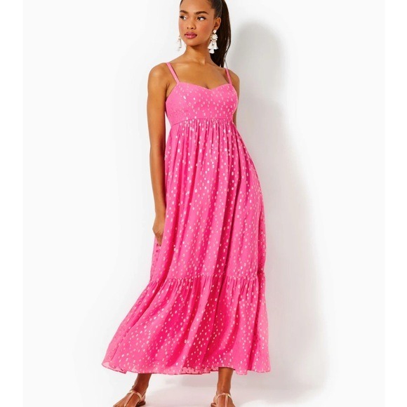 NWT Lilly Pulitzer Hiedi Maxi Dress Aura Pink Viscose Metallic Clip Dobby Sz 2