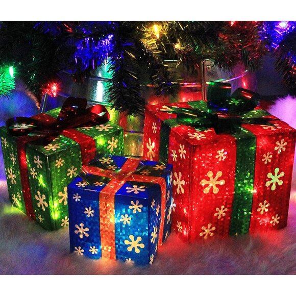 New Set of 3 Lighted Gift Boxes, Red, Green & Blue Christmas Home Decor