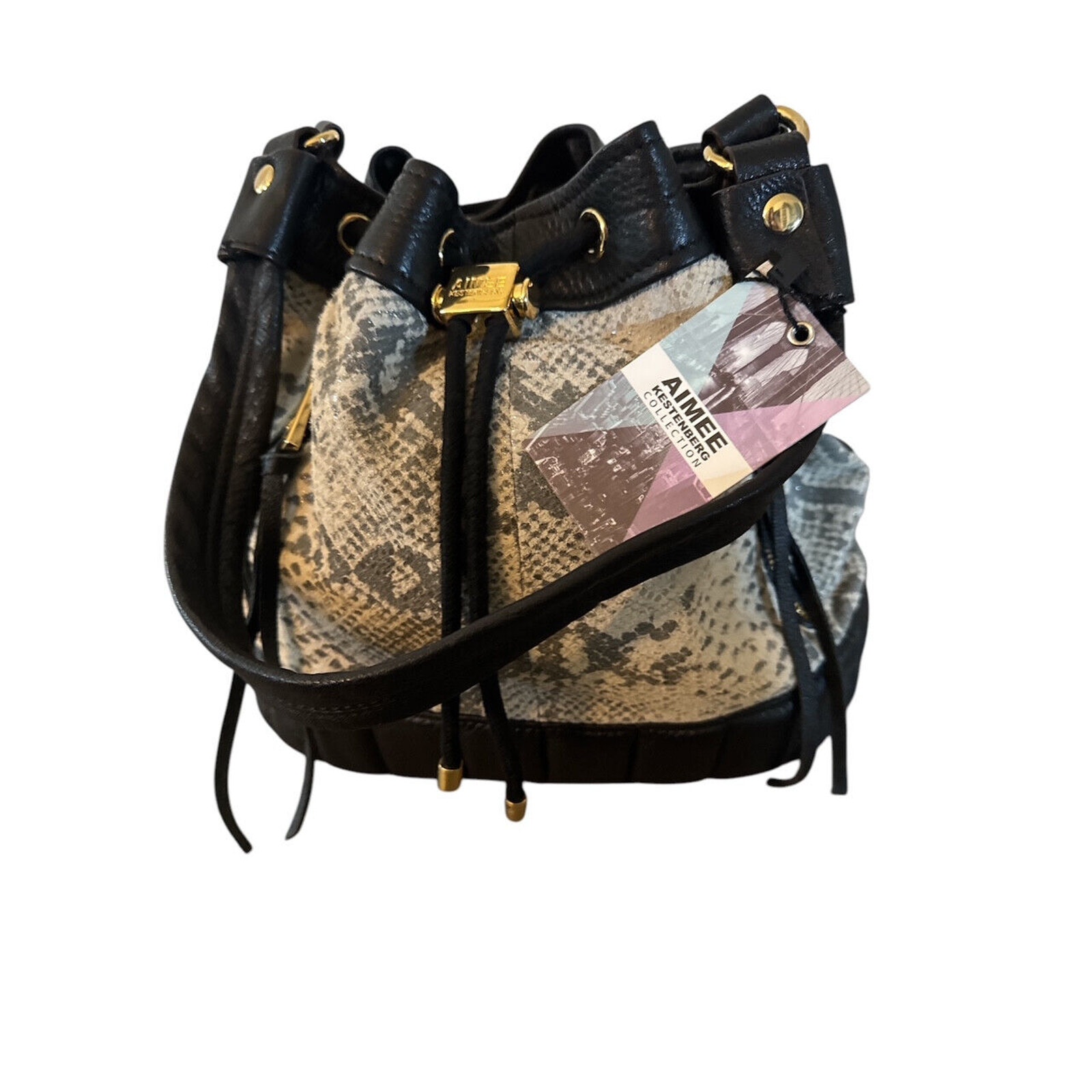 NWTGS Aimee Kestenberg SNAKESKIN PRINT MED LEATHER BUCKET DRAWSTRING BAG RT 298