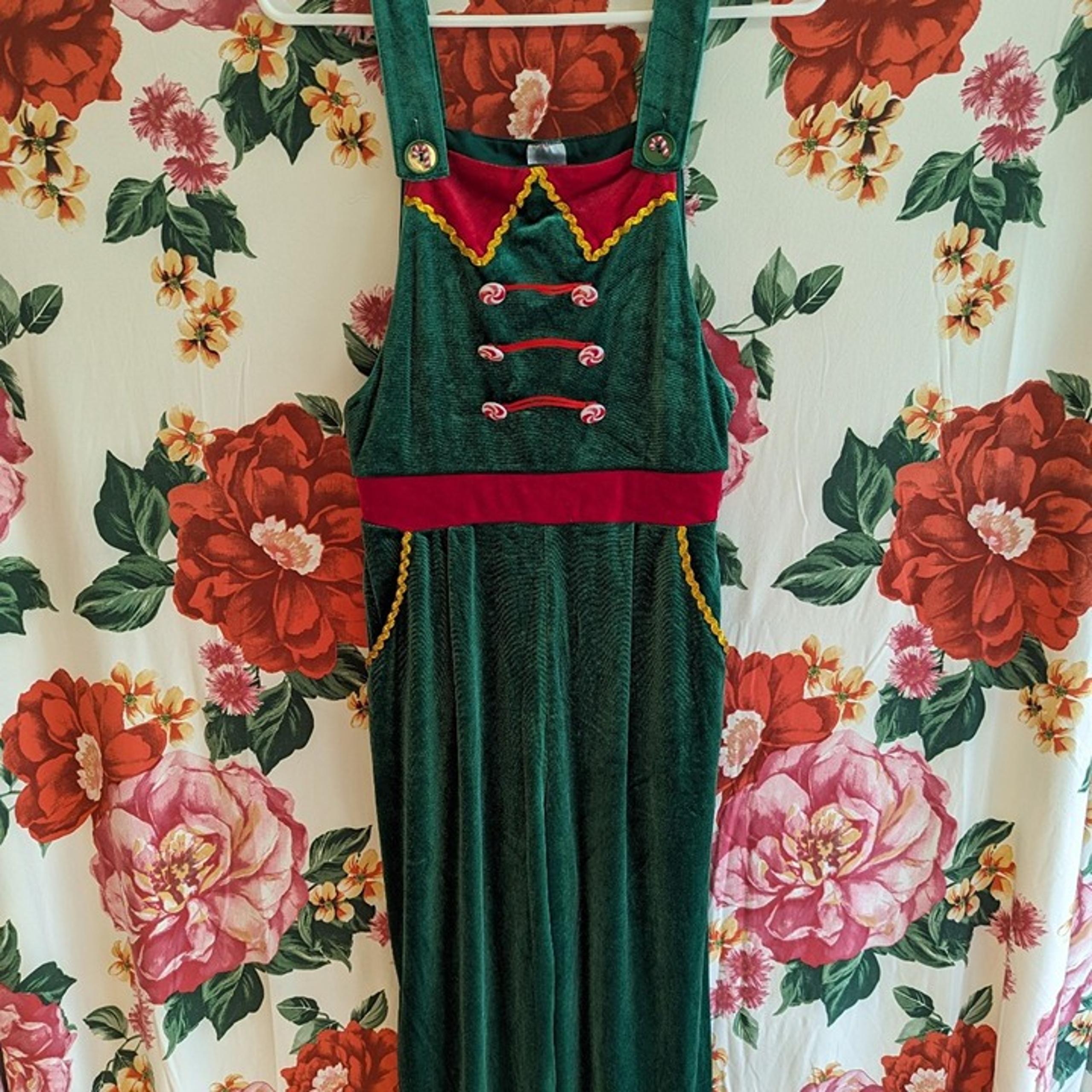 NOBO Velour Green Gold Ugly Christmas Overalls Jumpsuit Size S Womens