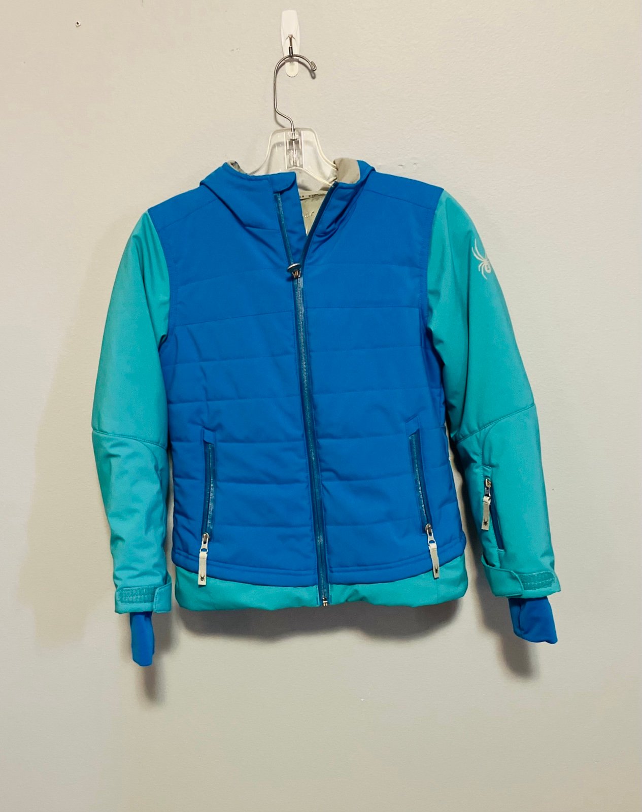 Spyder Moxie Insulated Snow/Ski Jacket w/Hood & Snow Skirt, Blue/Teal - Size 10