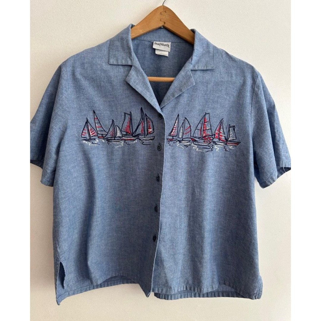 Vintage Sailboat Embroidered Chambray Nautical Shirt Size MP