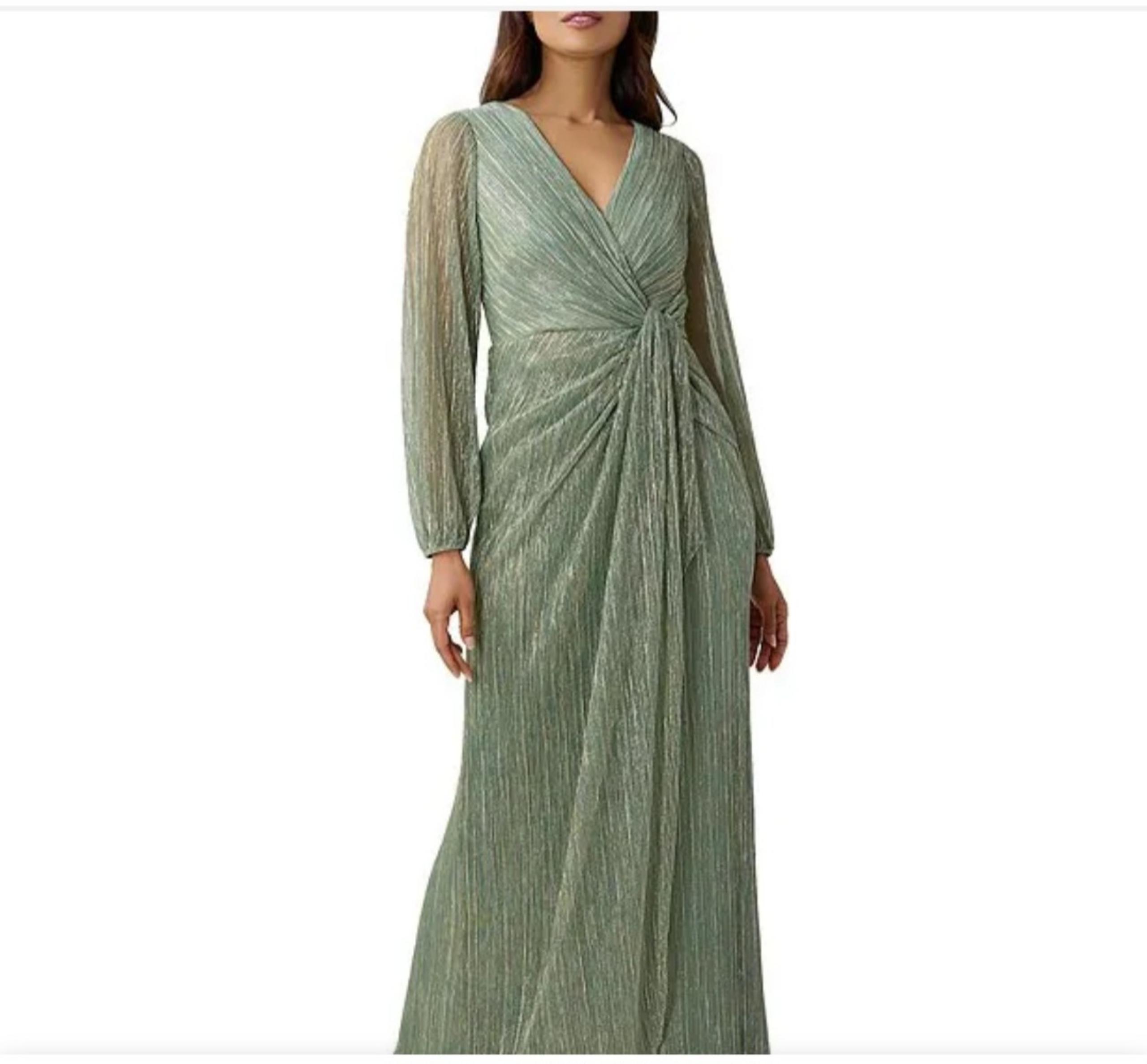 Adrianna Papell Metallic Long Sleeve Surplice V-Neck Ruched Detailed Draped Gown