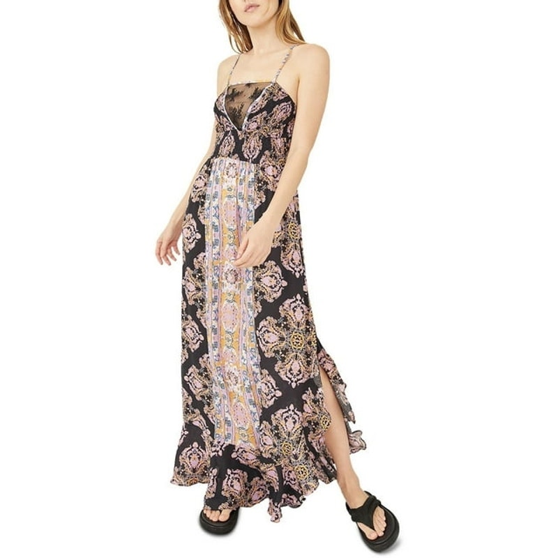 Free People That Moment Ruffle Smocked Lace Trim Maxi Dress Black Combo SZ M NWT