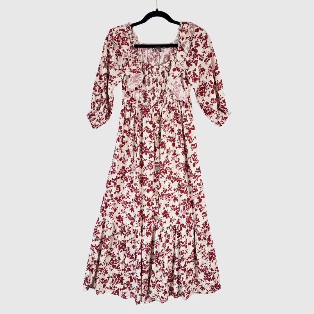 ZARA Womens Dress Red Midi Floral Fit Flare Babydoll Smocked Cottagecore Small