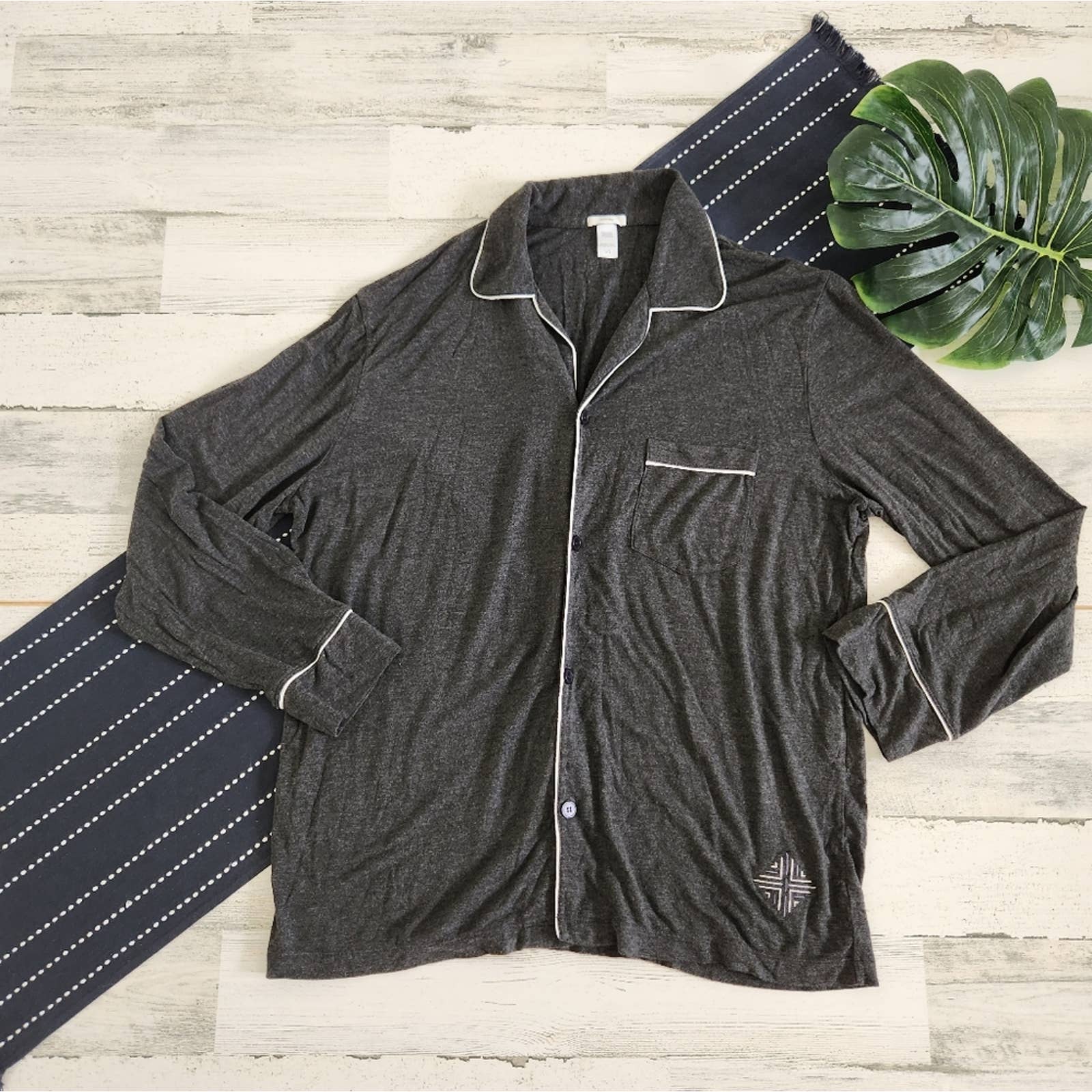 Eberjey Long Sleeve Button Down Sleep Pajama Top Grey Size Large