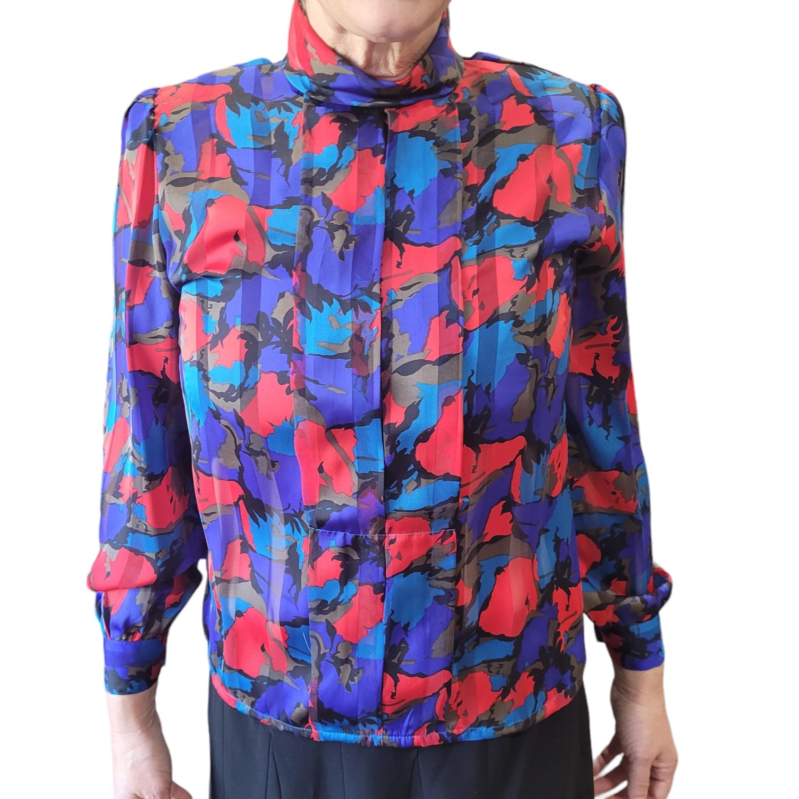 VINTAGE 1980 Nicola Colorful Graphic Silky Blouse Small Regency Red Blue Pleated
