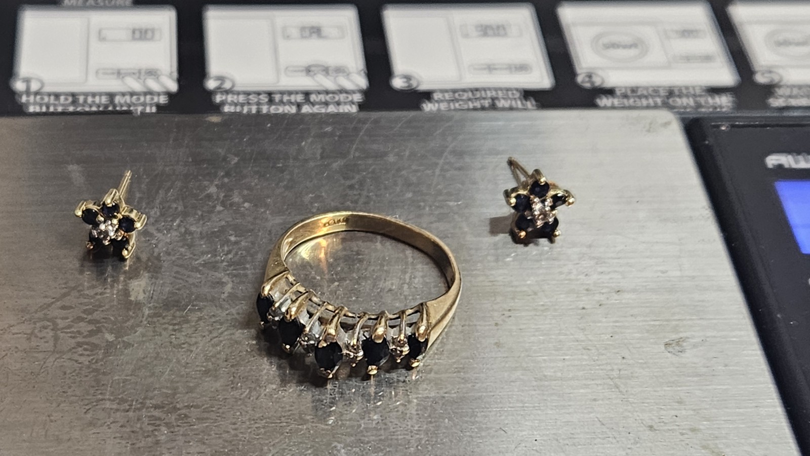 set 14K Yellow Gold 1 ct tw Sapphire and Diamond Ring+ stud earrings