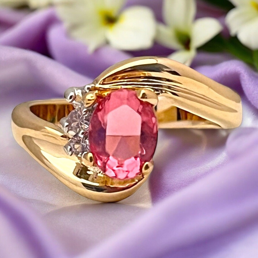 Vintage Ring Size 9 Pink Crystal & Cubic Zirconia 14K Gold Plate Mid-Century 3P