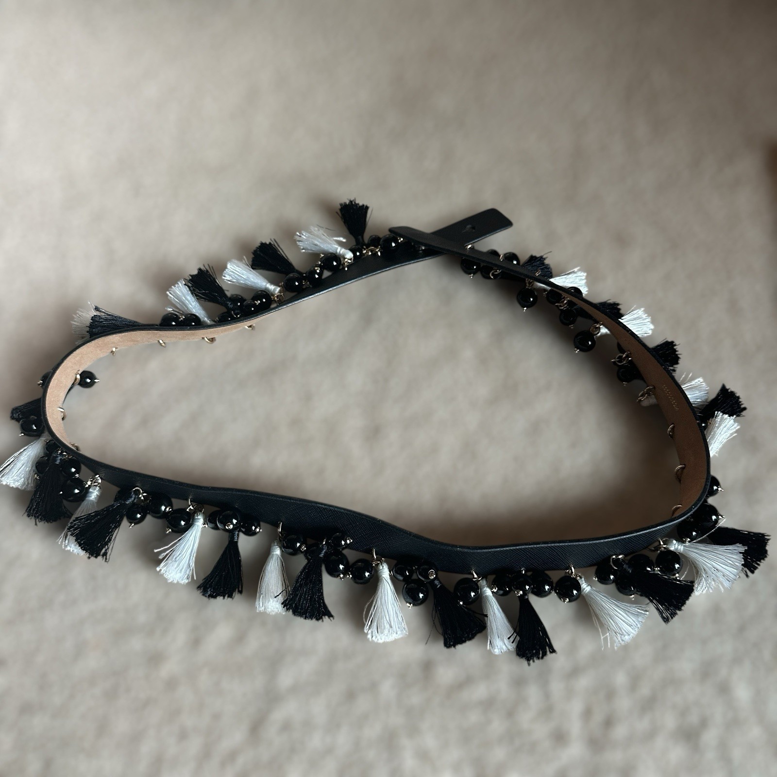 Kate Spade NY Textured Leather Belt Women's Size M Black White Tassel Beads