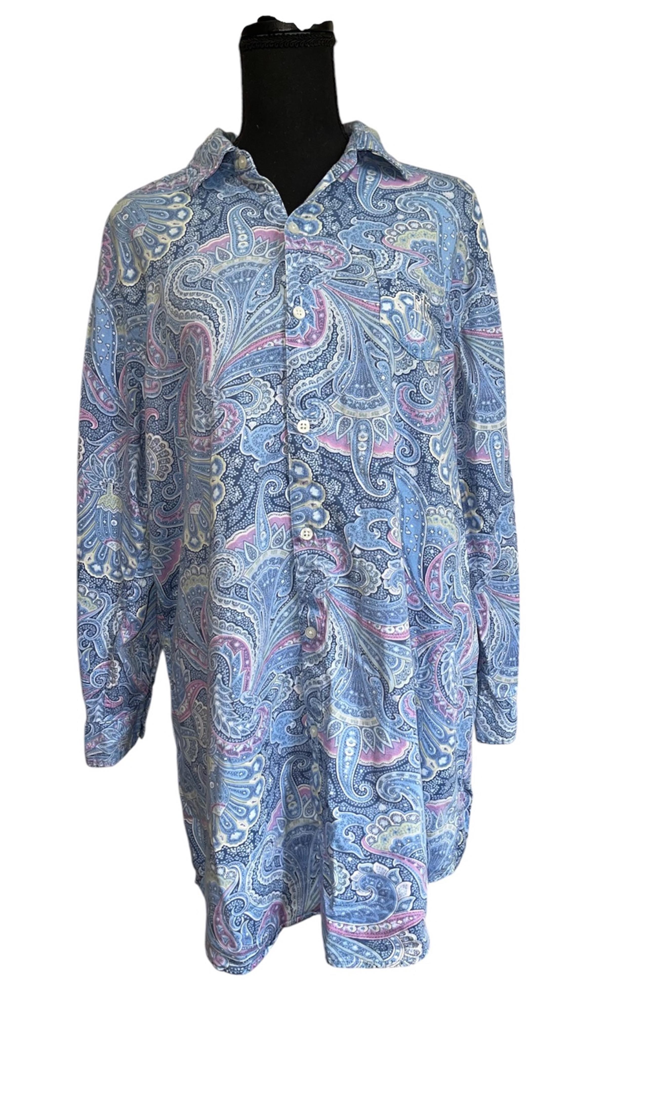 Ralph Lauren LRL Black Label Womens Medium Blue Paisley Button Sleep Shirt Pjs